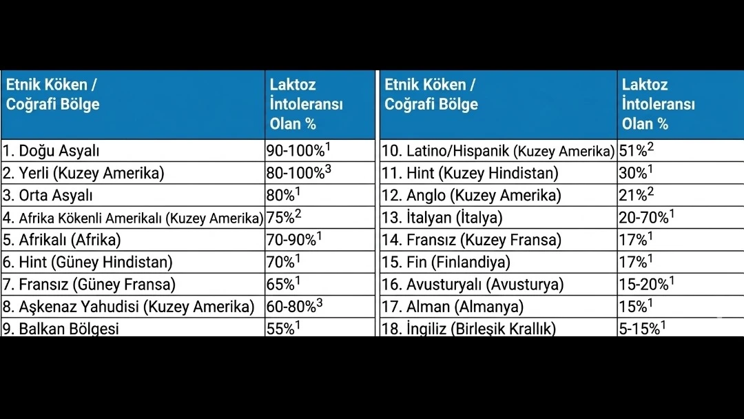 Görsel: Etnik Köken ve Bölgelere Göre Laktoz İntoleransı Yaygınlığı (Türkçeleştirilmiştir). Orijinal Yazarlar: Michael de Vrese, MD; Nevin S. Scrimshaw, MD; National Institute of Child Health and Human Development. Lisans: CC BY-SA 4.0. Orijinal görsel Wikimedia Commons üzerinden temin edilmiş ve İnci Köken tarafından Türkçeye uyarlanmıştır.
