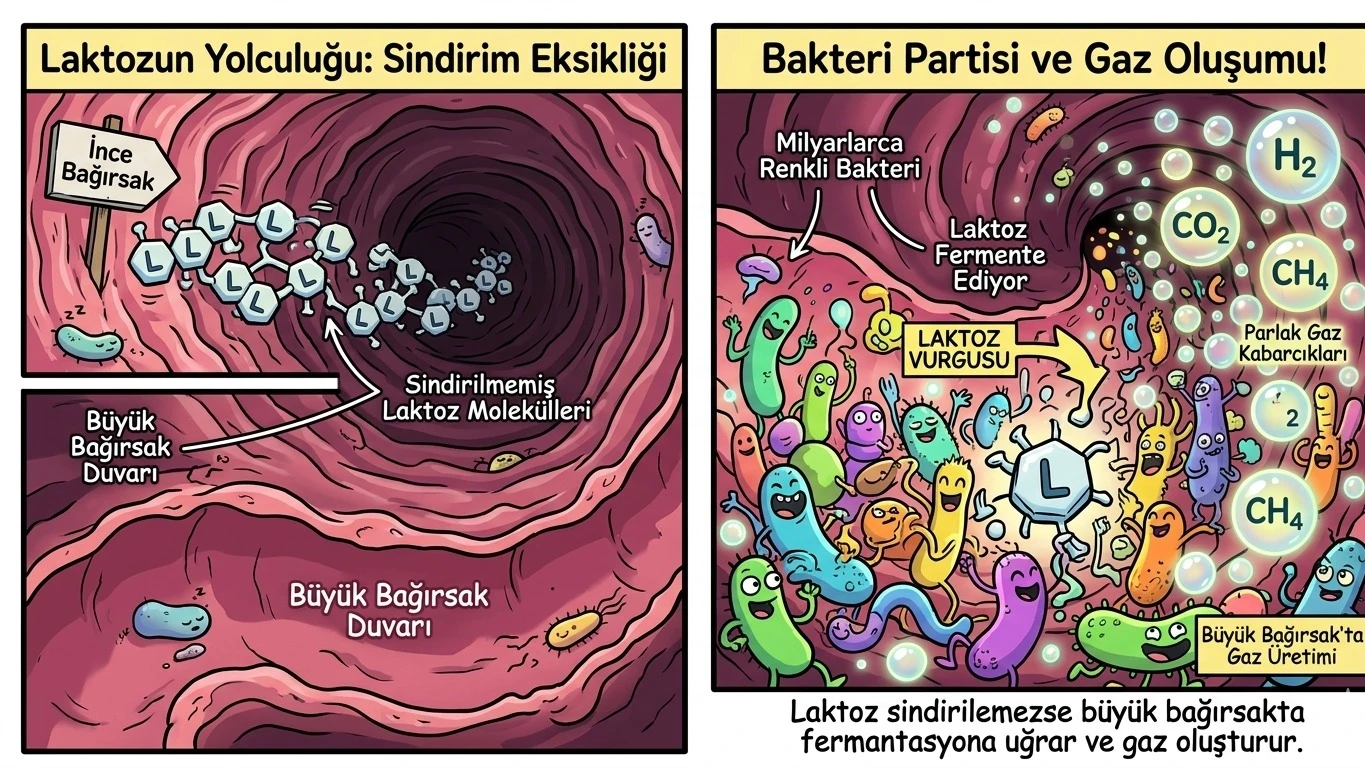 Hazırlanan şematik çizim, laktaz enzimi eksikliği sonucu gelişen laktoz intoleransının patofizyolojisini görselleştirir. Görselin sol panelinde, ince bağırsakta sindirilemeyen laktoz moleküllerinin kalın bağırsağa geçişi tasvir edilmiştir. Sağ panelde ise, bu sindirilemeyen laktozun gut mikrobiyotası (bakteriler) tarafından yoğun bir şekilde fermente edilmesi (bir metafor olarak bakteri partisi) ve bu süreç sonucunda semptomlara yol açan Hidrojen (H2), Karbondioksit (CO2) ve Metan (CH4) gazlarının aşırı üretimi parlayan baloncuklarla net bir şekilde gösterilmiştir